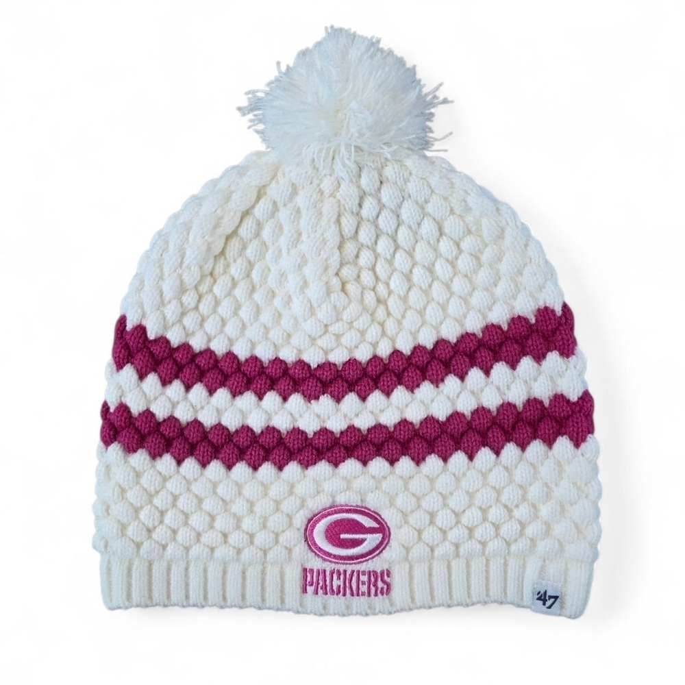 🏈 47 Brand Women’s Green Bay Packers Knit Beanie – Ivory & Pink Pom Hat 🏈